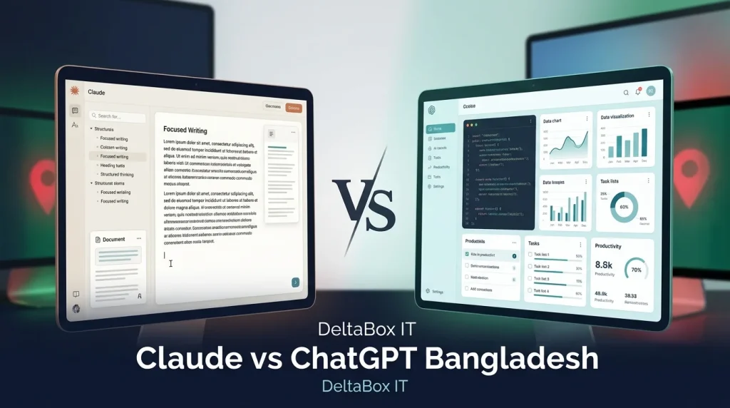 Claude vs ChatGPT comparison for Bangladesh users showing AI tools for writing, coding, students, and developers