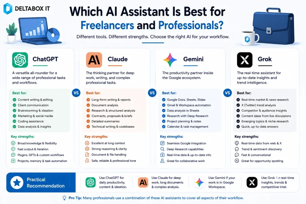 ChatGPT vs Claude vs Gemini vs Grok: Which AI Assistant Should You Use in Bangladesh in 2026? 5 comparing AI assistants for freelancers and professionals, including writing, research, productivity, planning, and workflow support