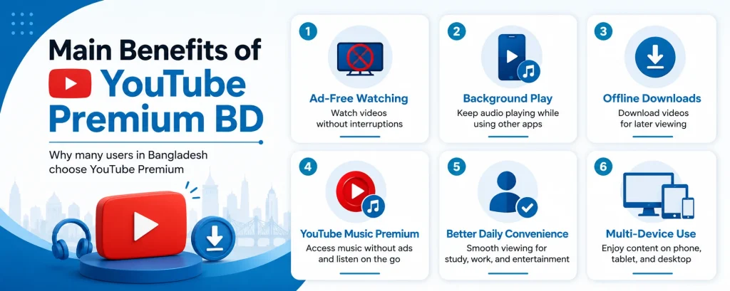 YouTube Premium Subscription Bangladesh: Price, Benefits, Email Access & Renewal Guide 2 Main Benefits of YouTube Premium BD