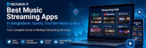 Hands holding smartphones displaying Spotify and YouTube Music app interfaces side by side with a premium audio background.