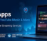 Hands holding smartphones displaying Spotify and YouTube Music app interfaces side by side with a premium audio background.