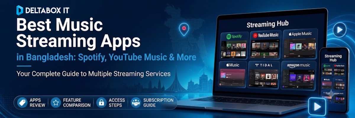 Hands holding smartphones displaying Spotify and YouTube Music app interfaces side by side with a premium audio background.