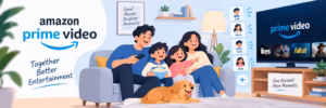Family watching Amazon Prime Video on a smart TV with account profiles and streaming devices