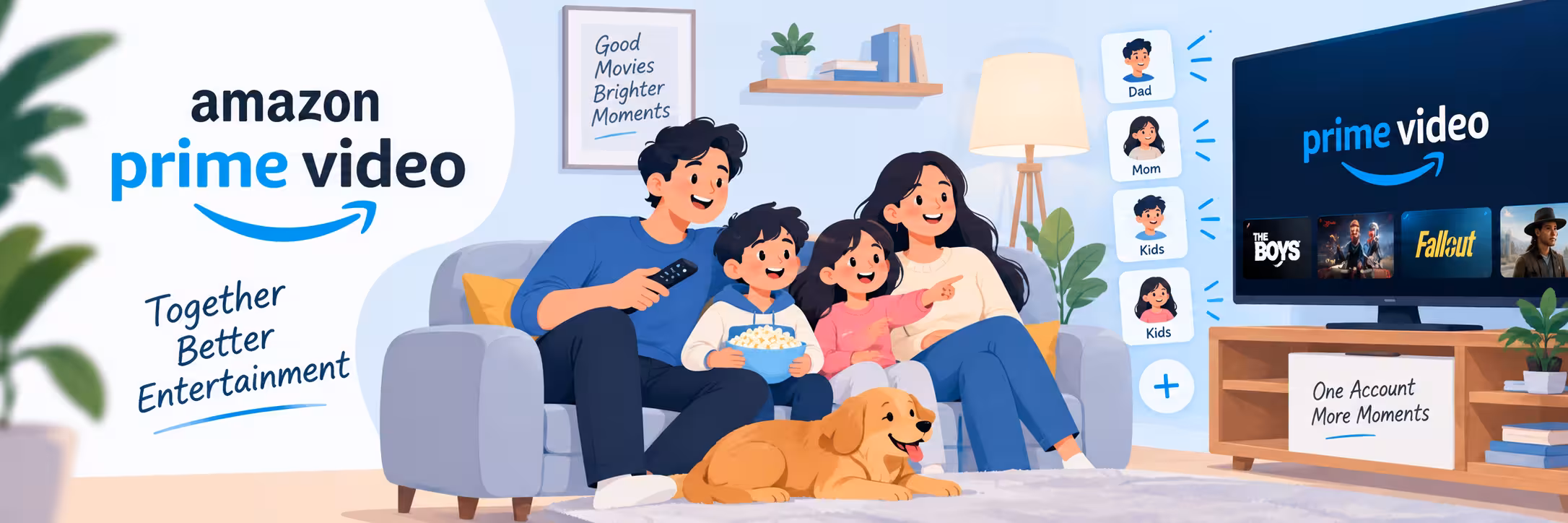 How to Share Amazon Prime Video With Your Family: Accounts, Profiles & Streaming Limits 1 Family watching Amazon Prime Video on a smart TV with account profiles and streaming devices