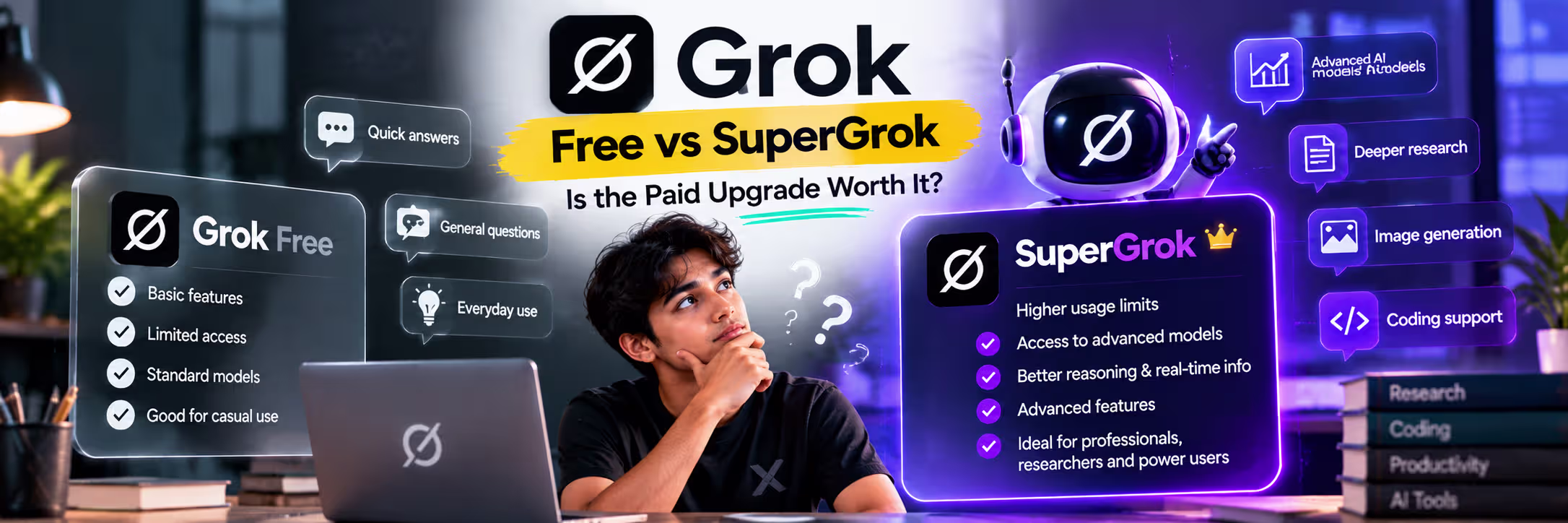 Grok Free vs SuperGrok: Is the Paid Upgrade Worth It? 1 Grok Free vs SuperGrok comparison showing differences between free and paid Grok plans